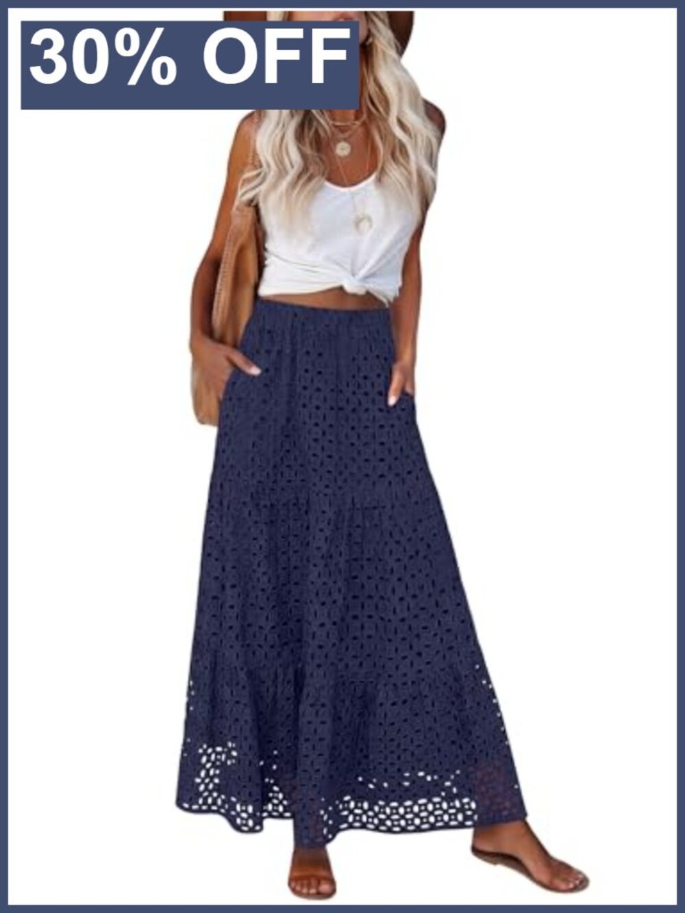 Women's Tiered Eyelet Maxi Skirt High Waisted A-Line Summer Beach